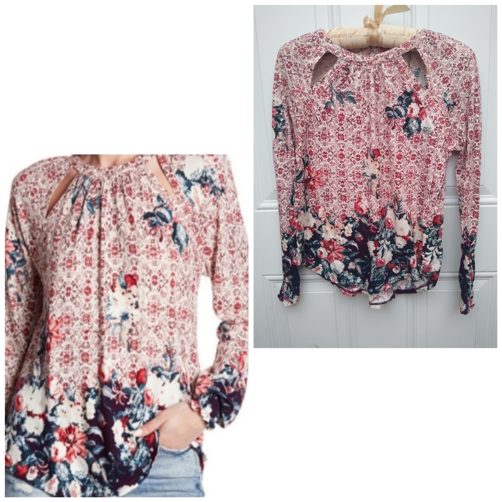 Lucky Brand Floral Long Sleeve Top Keyhole Cutouts Small